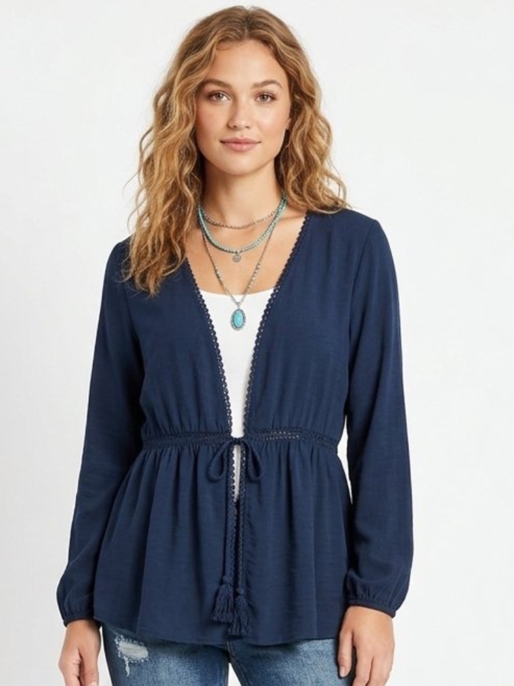 Maurices Navy Lace Trim Tie Waist Cardigan Peplum Shrug Kimono M boho western